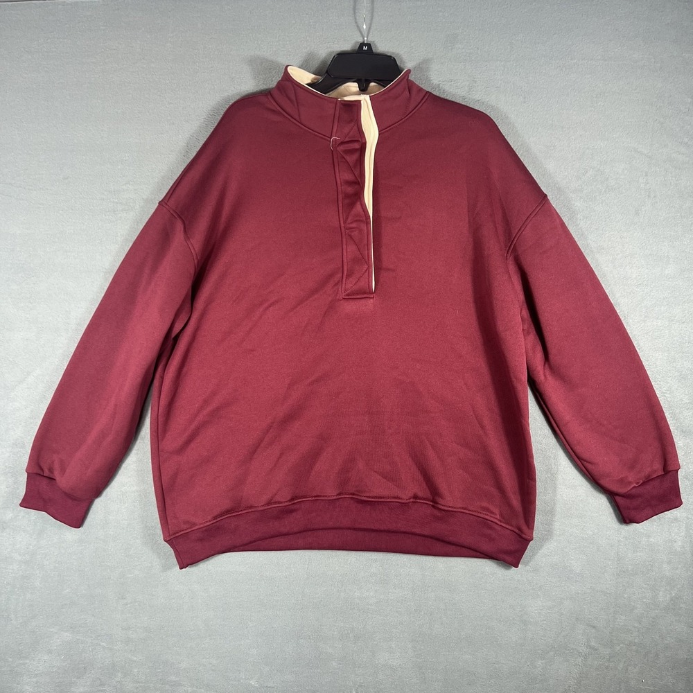 Women's Burgundy Cream Snap Collar Pullover Fleece Sweater Size XL Relaxed Fit